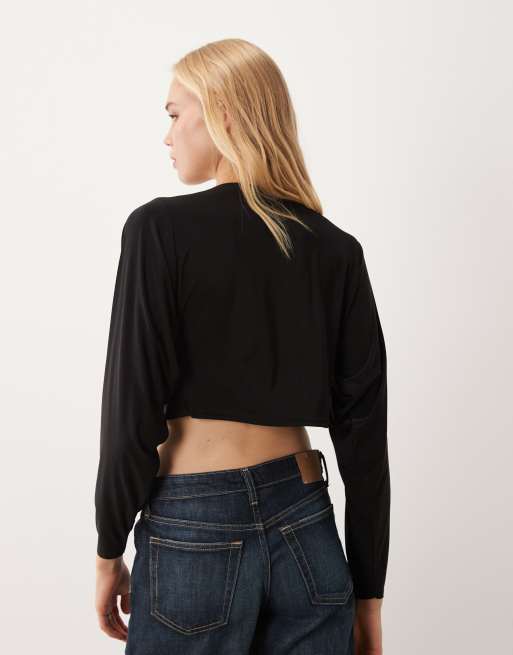Miss Selfridge twist front long sleeve top in black, 4 of 4