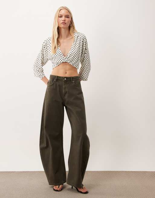 Miss Selfridge twist front long sleeve top in polka dot print, 2 of 4