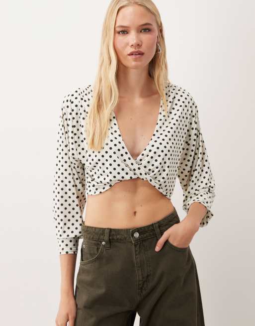Miss Selfridge twist front long sleeve top in polka dot print, 3 of 4