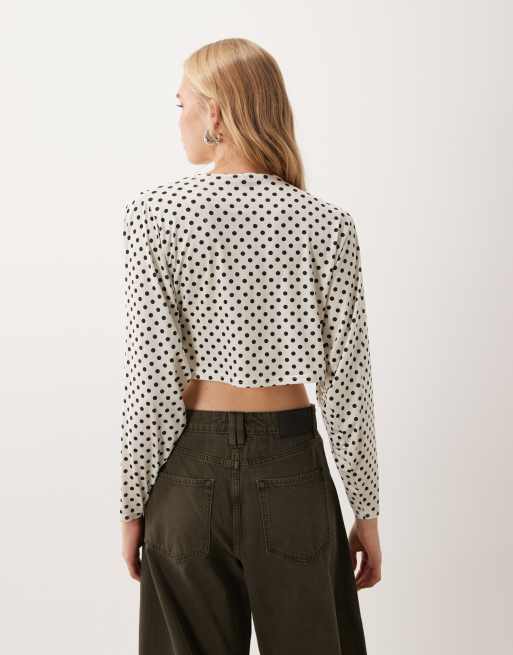 Miss Selfridge twist front long sleeve top in polka dot print, 4 of 4