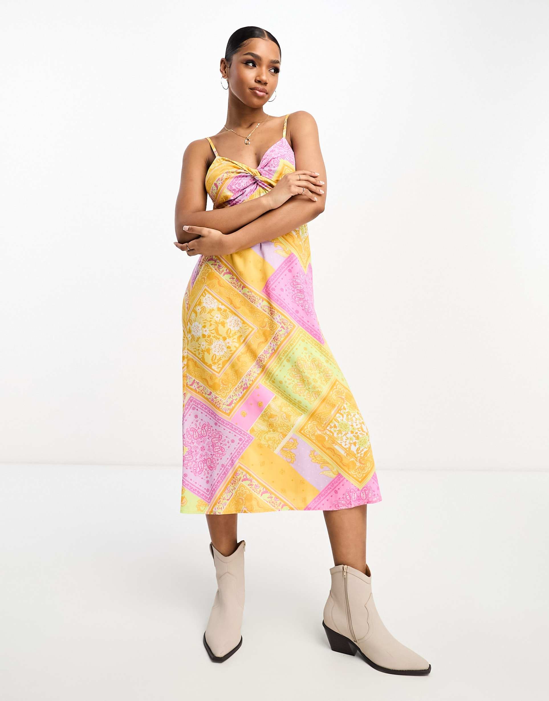 miss selfridge twist front midi slip dress in multicolor scarf print