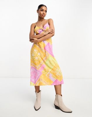 Miss Selfridge twist front midi slip dress in multicolour scarf print