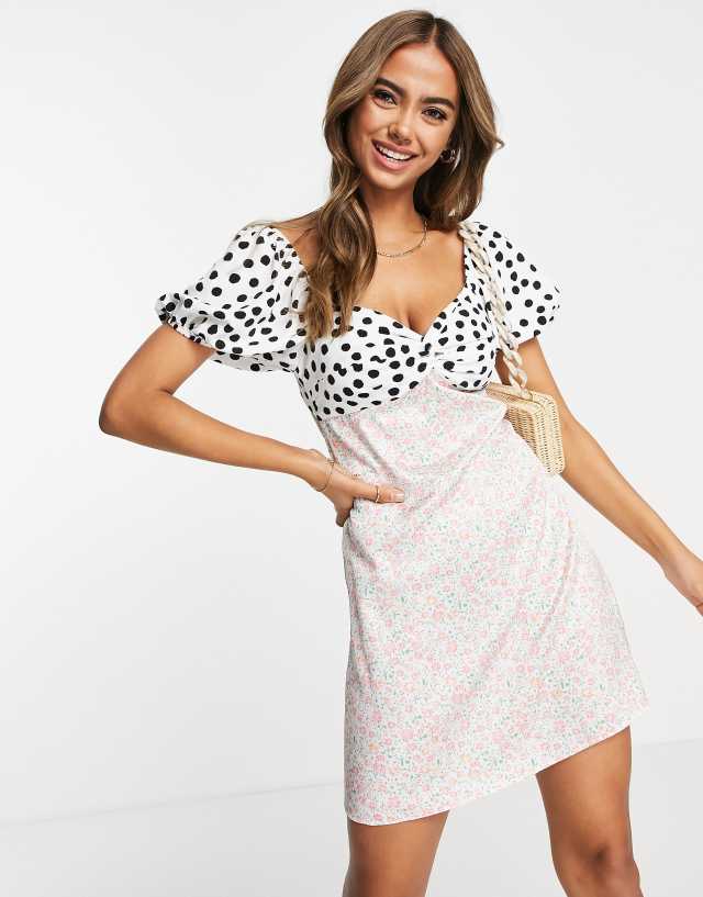 Miss Selfridge twist front mini dress in mix spot floral print