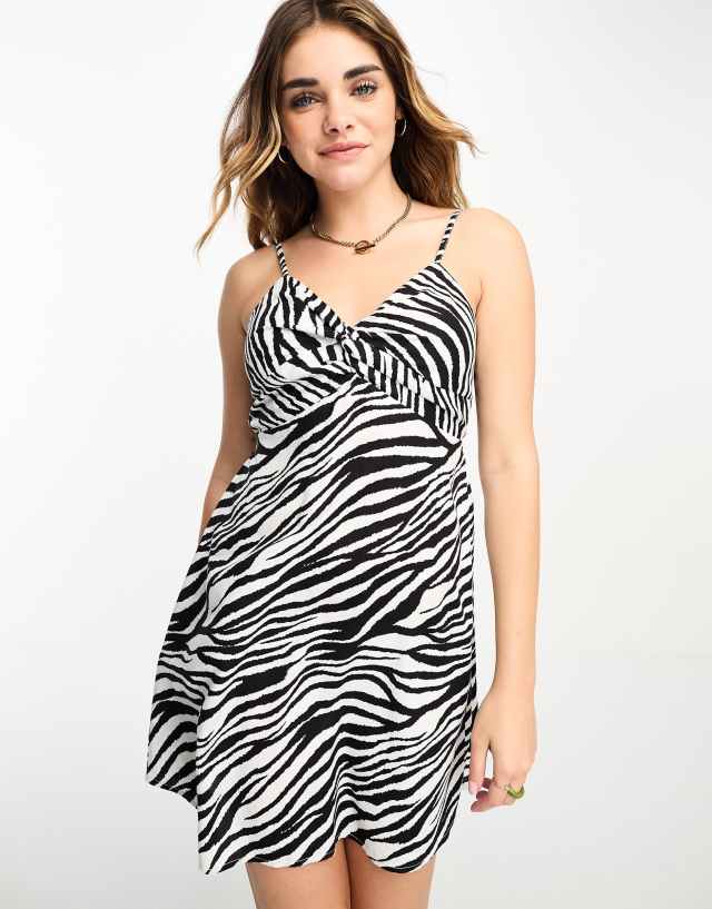 Miss Selfridge twist front mini slip dress in mono zebra