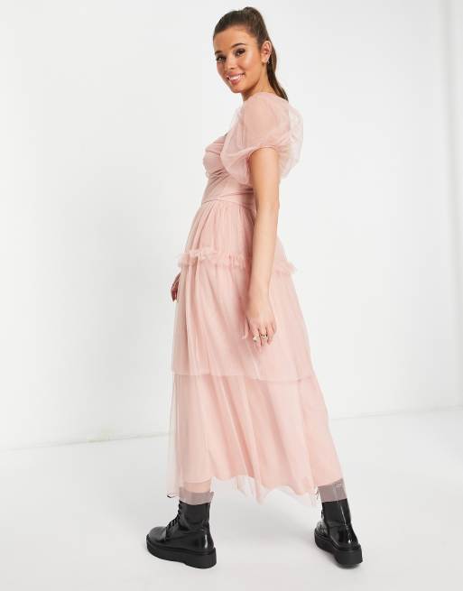 Miss Selfridge twist front tulle bardot tiered midi dress in blush, 2 of 4