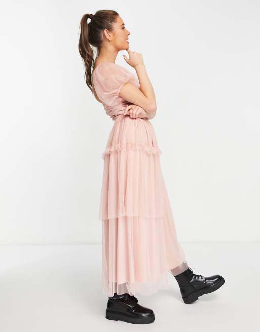 Miss Selfridge twist front tulle bardot tiered midi dress in blush, 4 of 4