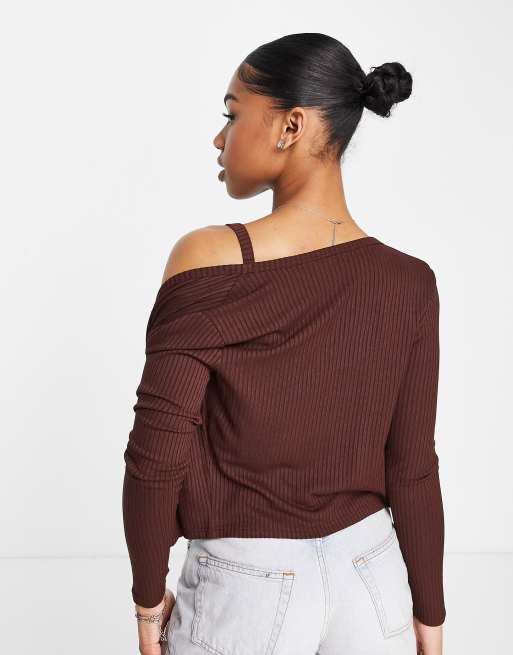 Miss Selfridge two-piece ribbed cardigan and cami set in chocolate