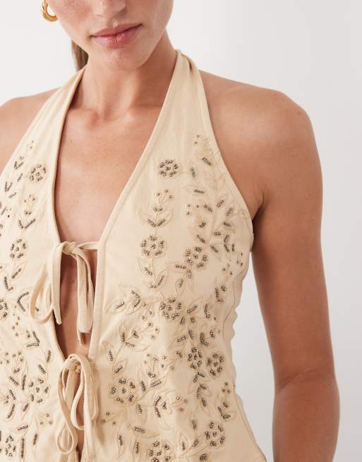 Miss Selfridge - Udsmykket top med halterneck og bindebånd foran, 2 af 4