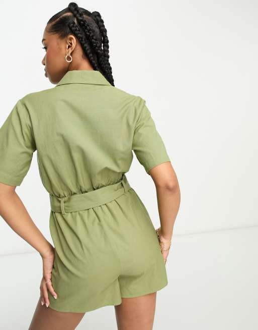 Miss Selfridge - Utility playsuit met riem en linnenlook in kaki , 3 van 4