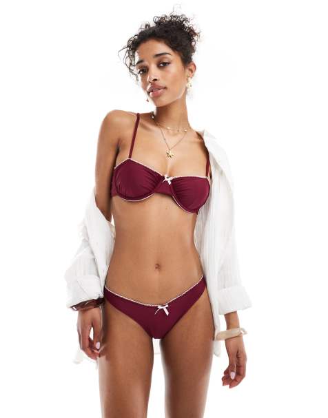 Miss Selfridge V front bottoms with picot trim in burgundy
