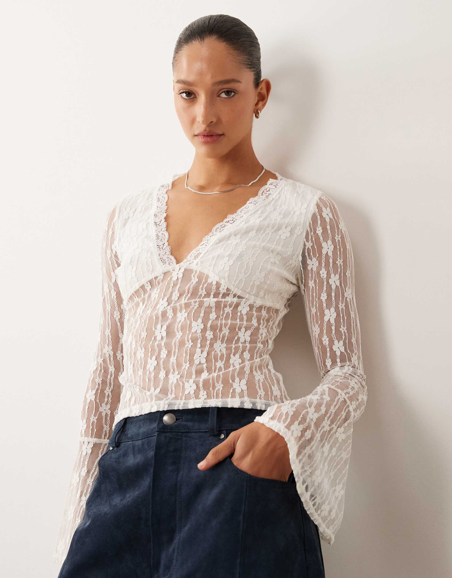 miss selfridge v-front lace top with ruffle sleeves in cream