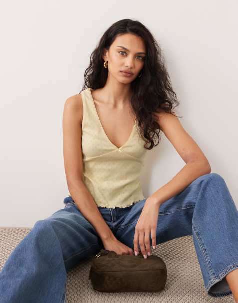 Miss Selfridge V-front pointelle singlet with lace trim in buttermilk - view 1