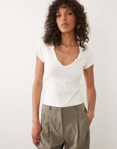 Miss Selfridge V-front T-shirt with ruffle detail in cream - view 1