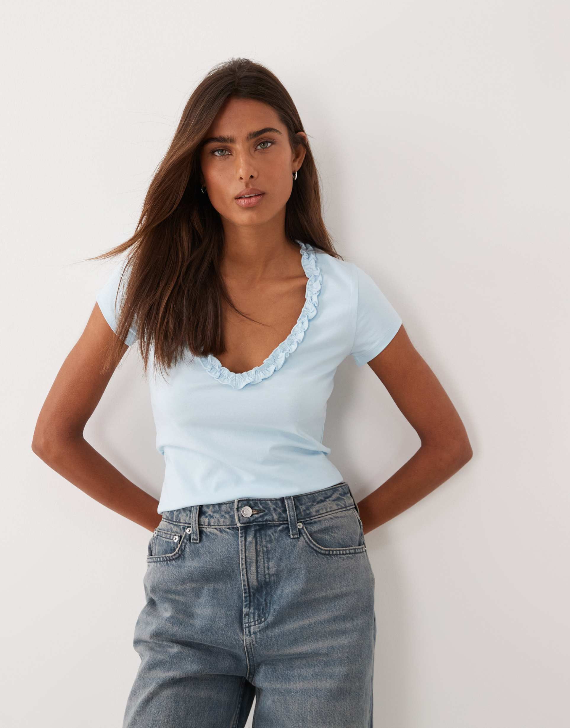 miss selfridge v-front t-shirt with ruffle detail in pale blue