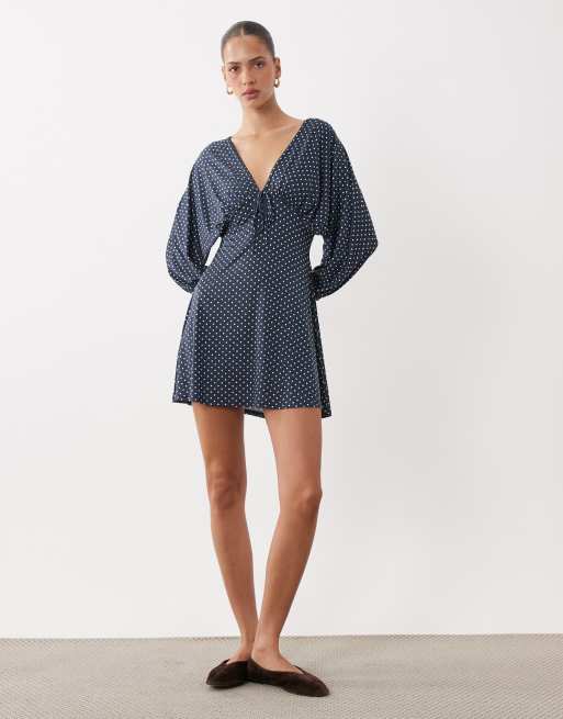 Miss Selfridge v-neck balloon sleeve mini dress in navy polka dot, 2 of 4