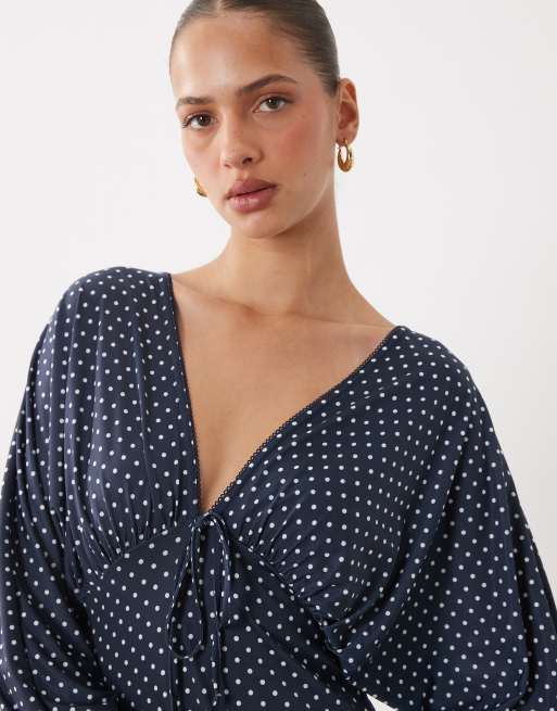 Miss Selfridge v-neck balloon sleeve mini dress in navy polka dot, 3 of 4