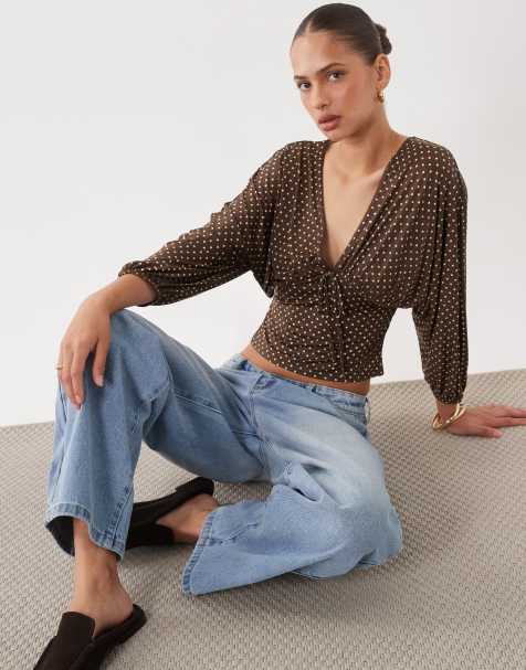 Miss Selfridge v-neck balloon sleeve top in chocolate polka dot - view 1