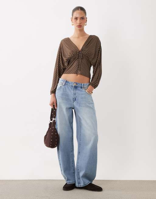 Miss Selfridge v-neck balloon sleeve top in chocolate polka dot, 2 of 4