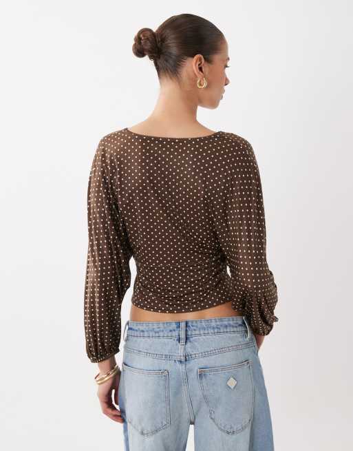 Miss Selfridge v-neck balloon sleeve top in chocolate polka dot, 4 of 4