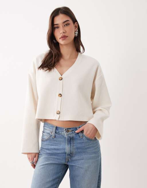 Miss Selfridge V-neck brushed rib cardigan in cream | ASOS