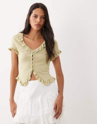 Miss Selfridge V-neck Button Through Ruffle Top In Green