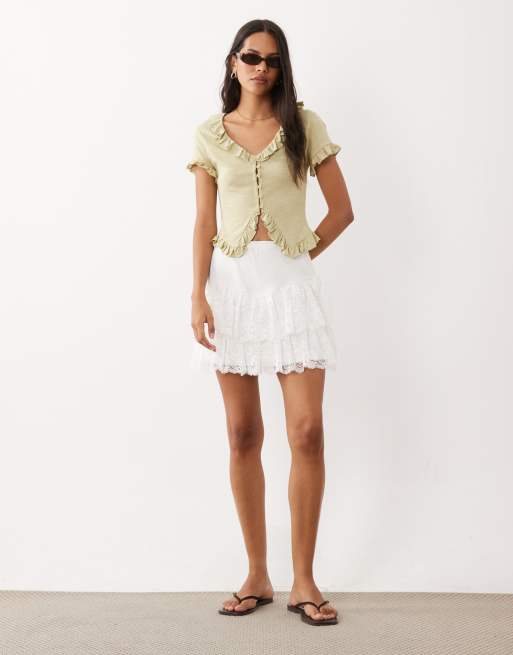 Miss Selfridge v-neck button through ruffle top in olive green, 3 of 4