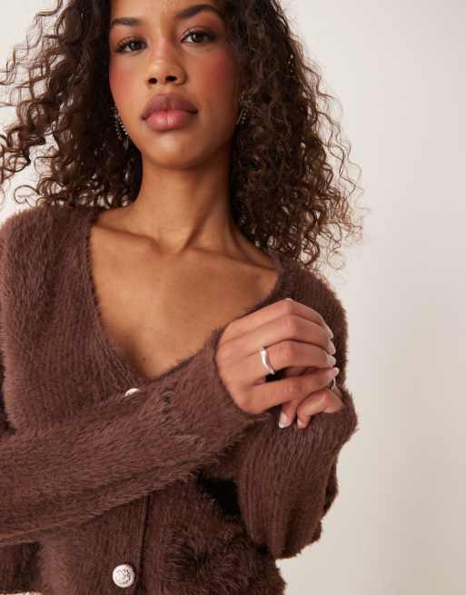 Miss Selfridge v neck button up cardigan co ord in chocolate, 4 of 4