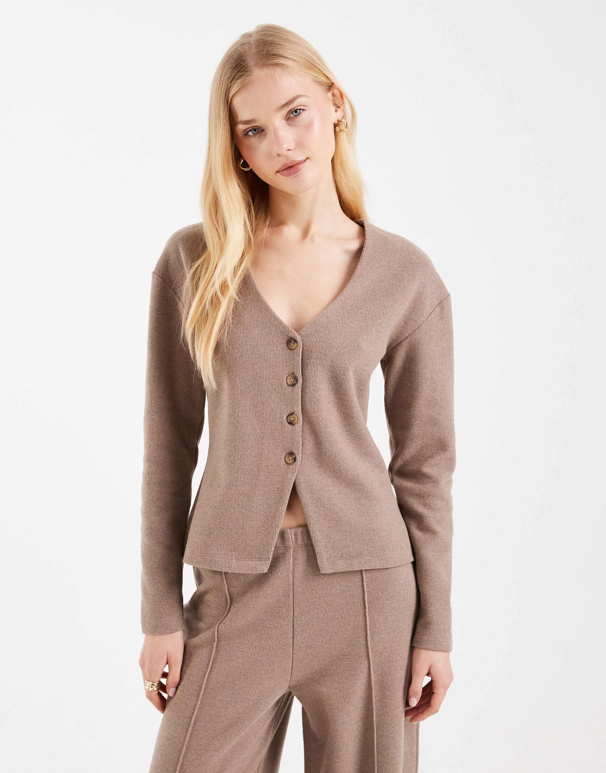 miss selfridge v-neck button up cardigan in brown - part of a set