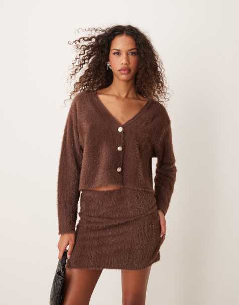 Miss Selfridge v neck button up cardigan in chocolate - part of a set - view 1