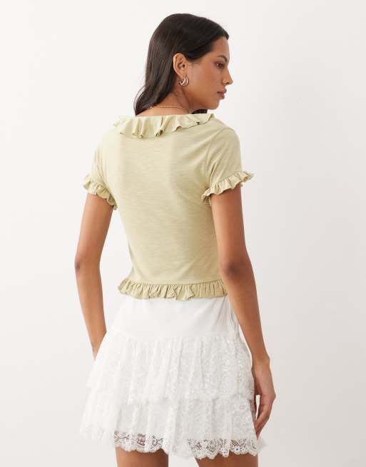 Miss Selfridge v-neck button up ruffle trim top in olive green, 4 of 4