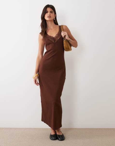 Miss Selfridge v-neck cami maxi dress with picot trim in chocolate brown - view 1