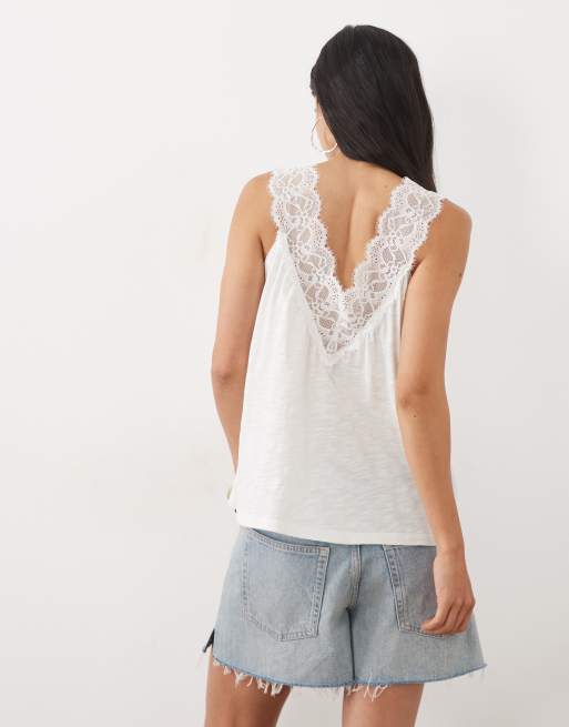 Miss Selfridge v-neck cami top with picot trim in cream, 3 of 4