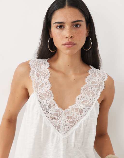Miss Selfridge v-neck cami top with picot trim in cream, 4 of 4