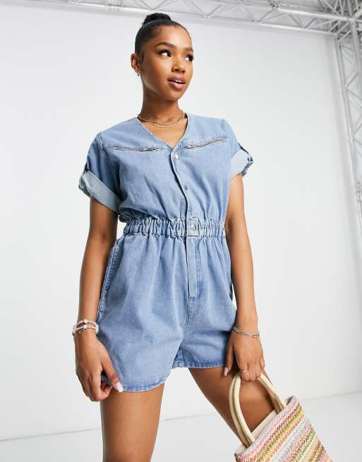 Miss Selfridge v neck denim zip romper in blue