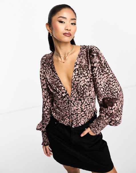Miss Selfridge v neck hook and eye blouse in animal devore