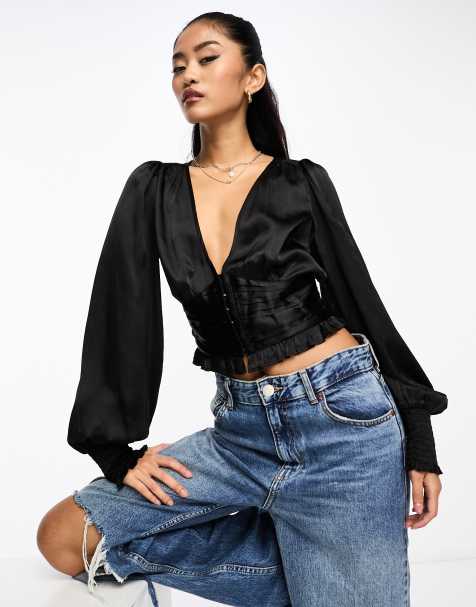 Miss Selfridge v neck hook and eye blouse in metallic satin - view 1