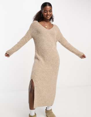 V neck knit maxi dress in taupe-Neutral