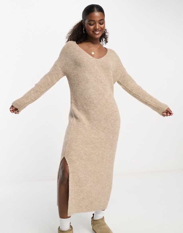 Miss Selfridge V neck knit maxi dress in taupe