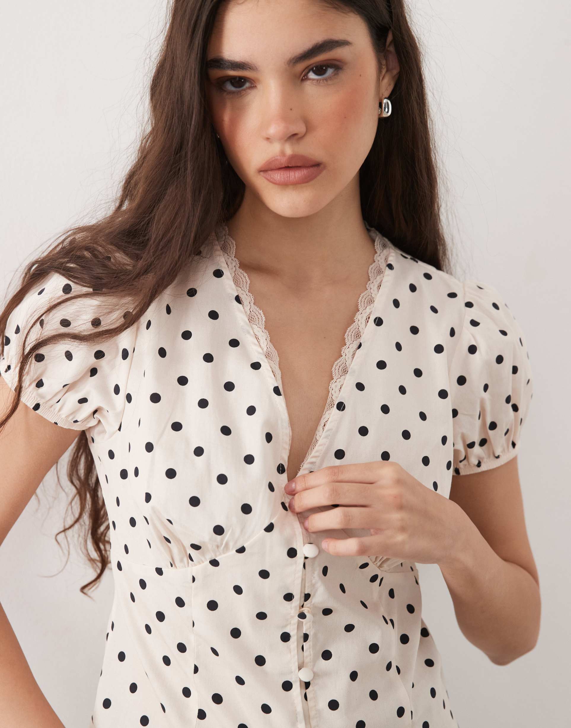 miss selfridge v-neck lace detail fitted shirt in polka dot