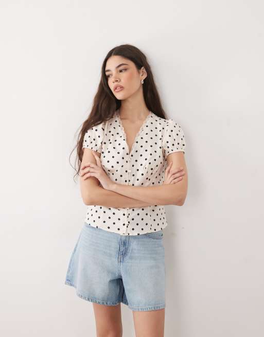 Miss Selfridge V-neck lace detail fitted shirt in polka dot, 2 of 4