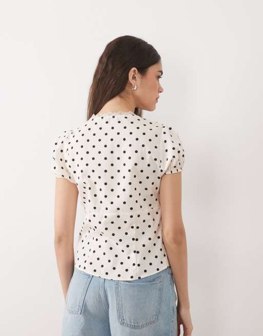 Miss Selfridge V-neck lace detail fitted shirt in polka dot, 3 of 4