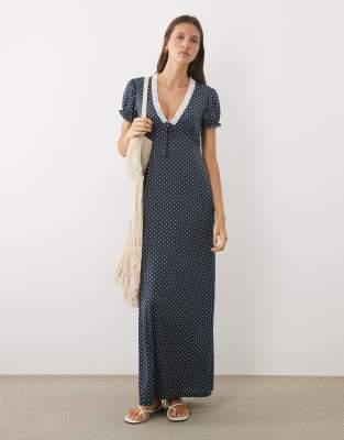 Miss Selfridge V-neck Maxi Tea Dress With Lace Trim In Blue