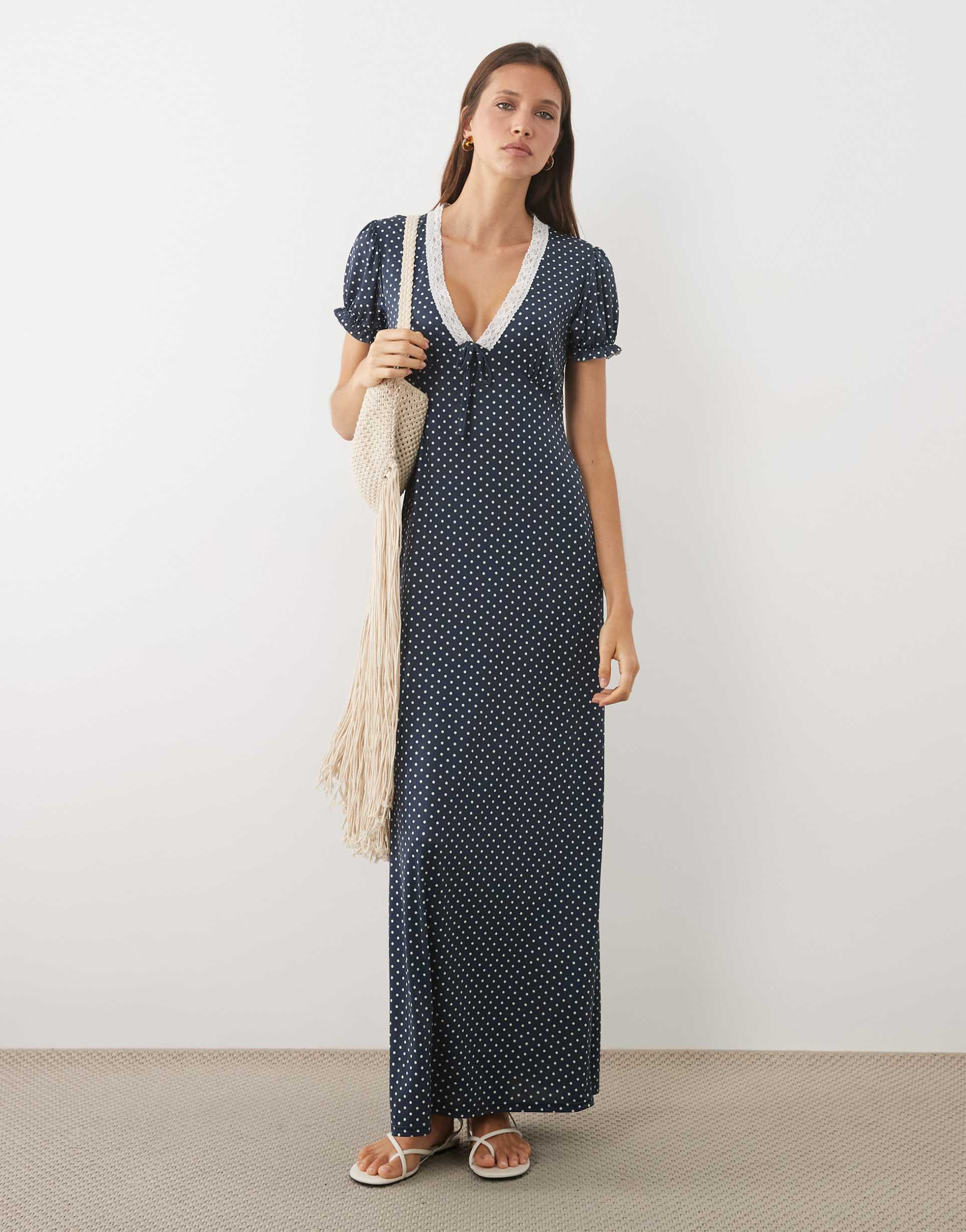 miss selfridge v-neck maxi tea dress with lace trim in navy polka dot