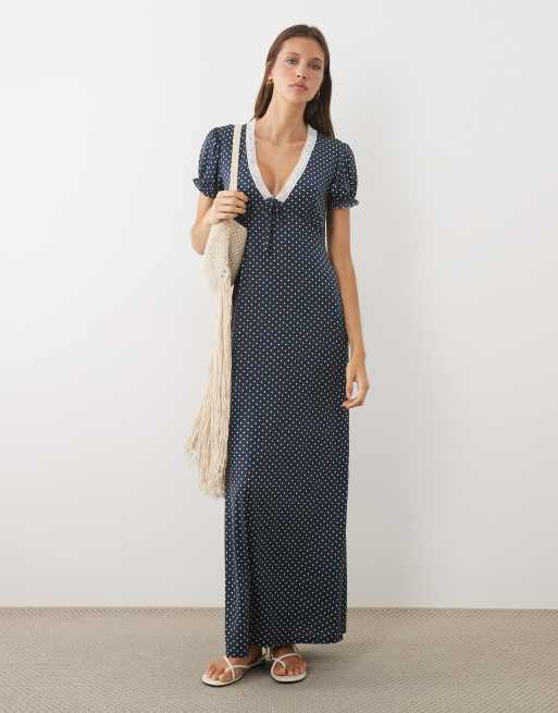 Miss Selfridge v-neck maxi tea dress with lace trim in navy polka