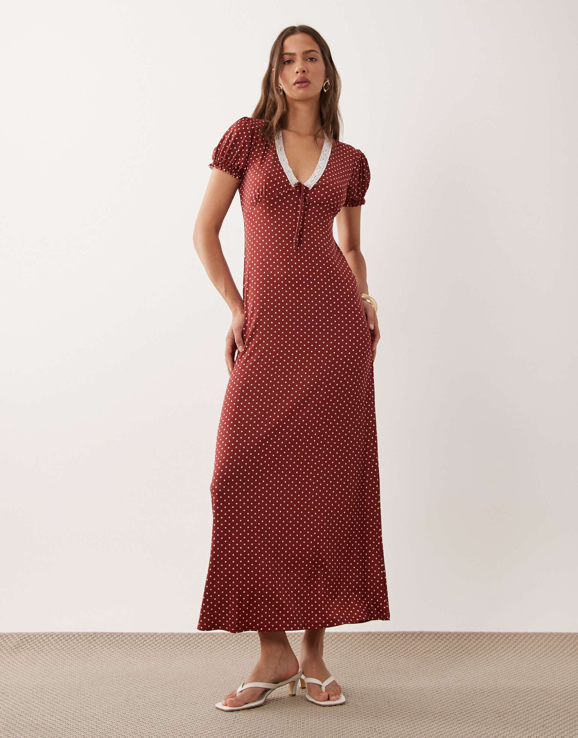 miss selfridge v-neck maxi tea dress with lace trim in red polka dot print