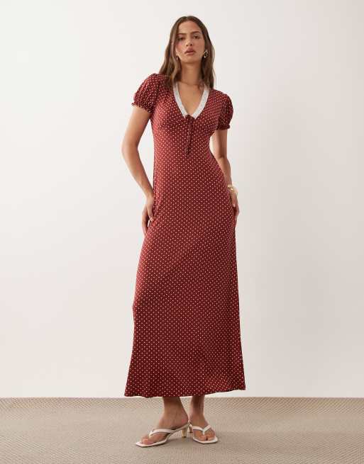 miss selfridge red polka dot maxi dress Miss Selfridge v-neck maxi tea dress with lace trim in red polka dot print