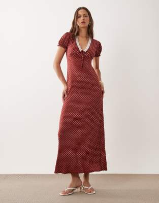 Miss Selfridge V-neck Maxi Tea Dress With Lace Trim In Red