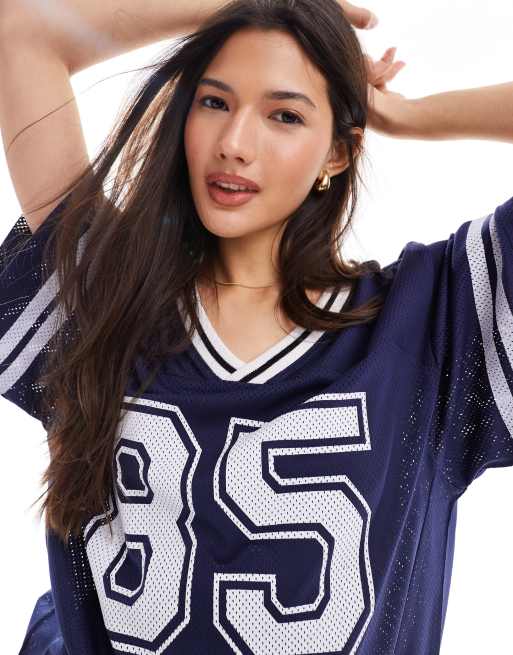 Miss Selfridge V neck mesh short sleeve football jersey in navy ASOS