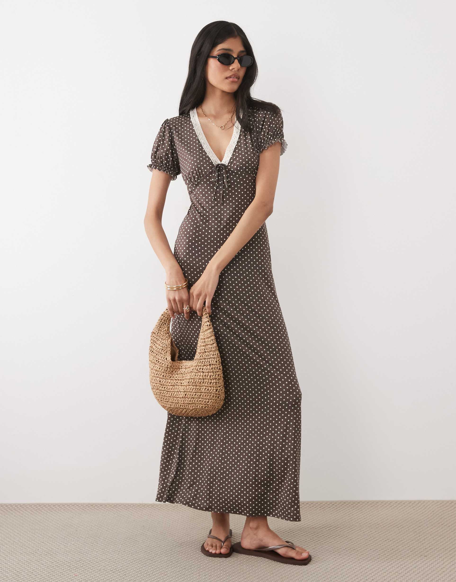 miss selfridge v-neck midaxi day dress with lace trim in polka dots
