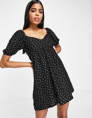 Miss Selfridge v neck puff sleeve smock mini dress in mono spot-Black